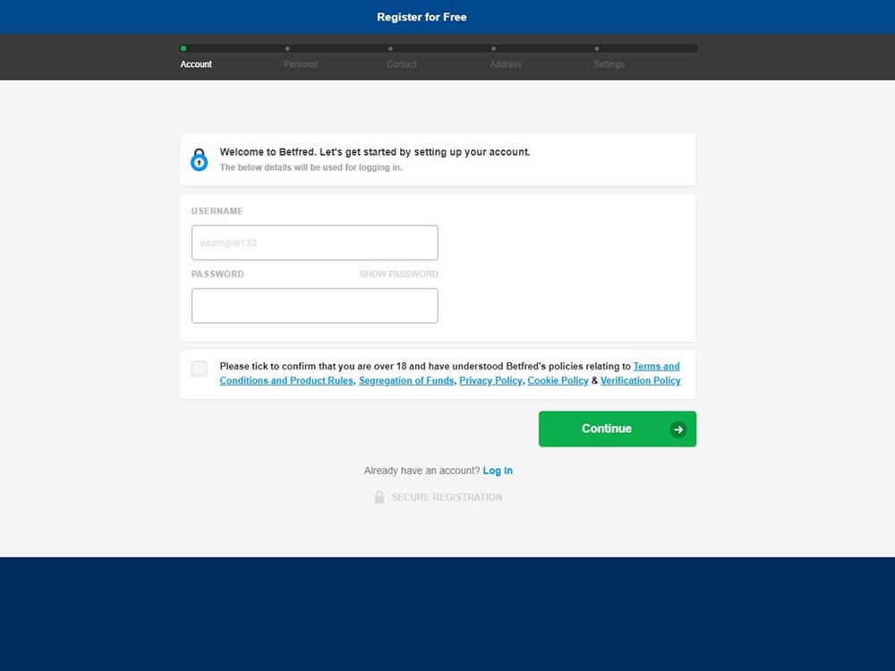 Betfred Casino Register Page